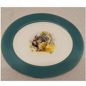 Homer Laughlin Cavalier Eggshell Turkey Platter Teal Gold Trim Vintage 1954